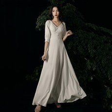 로드넬 백트임 V넥 우아한 심플 실크 슬림 브이넥 콩단추 슬림 웨딩 드레스 7부 소매 하얀 셀프웨딩 스드메 맞춤가능