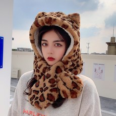 레오파드 여성 겨울 가을 계절 큐트 둥근얼굴 털 두꺼운 면 바디슈트 목도리 일체 귀목 보온