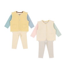 아가방 중계점*best* 모노 3종 세트 2Color (YELLOW BEIGE) 캐주얼한 스트라이프 패턴 티셔츠 팬츠 조끼 세트 데일리 상하복 세트