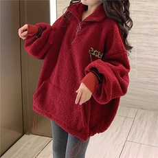 레이빈컴퍼니 겨울집업 와이드 루즈핏 두꺼운 램스 코트 반집업 POLO 넥 블랙 여성