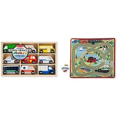 Melissa & Doug 멜리사 & 더그 나무 타운 차량 및 라운드 마 도로 러그, English OnlyWooden Town Vehicles + Rug