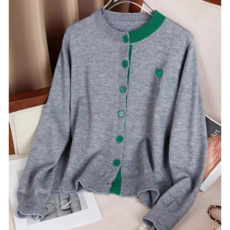 조이 여성 가디건 니트 3컬러 투톤 라운드넥 자수 가디건