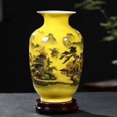 계란찜그릇 폴란드그릇 경덕진 도자기 노란색 모란꽃병 꽃병 박고대 장식 공예품 가구 거실, 01 황산천수색동과병+밑받침