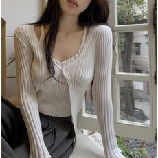 쪼예 페이크 투피스 섹시 브이넥 나시 골지 가디건