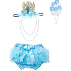 WELROG Baby Girl Cake Smashing Set-Bunny 블루머 기저귀 커버 헤드 밴드 진주 목걸이 생일 축하 (Sky Blue)