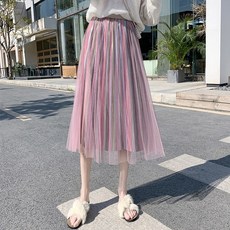주닉스 여성 핑크 하프기장 겨울 가을 무지개 색상 샤스커트 하이웨스트 롱