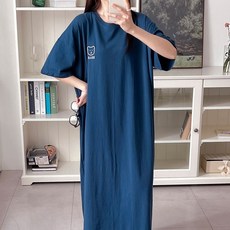 아느포그 국내제작 자수곰돌이 프린팅 여름원피스 롱 여성 빅사이즈 홈웨어 반팔 루즈핏 휴양지원피스 면