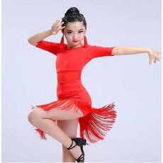 라틴 댄스1 개몫 어린이 여자 드레스 프린지 옷 살사 의상 블랙 레드 볼룸 탱고 스포츠, 빨간색, 170cm