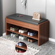 인테리어 현관 의자 신발장 벤치 신발 정리함, 블랙 가죽 쿠션 큰 삼나무 호두 60 x 30 x 42