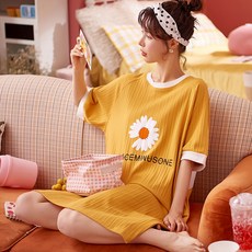 반팔 nightdress 여성용 라운드 넥 귀여운 소녀 홈 미드 스커트 니트면 잠옷 드레스를 입을 수 있습니다