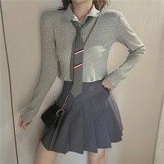 플리츠 망홍 슈트 폴로 타이 상의 주름 학원풍 글씨