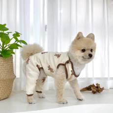 [국내생산/고급원단] 데댕 입기 쉬운 이지웨어 강아지 곰돌이 옷 티셔츠 올인원 강아지 가을옷 겨울옷 (XS-2XL), 브라운