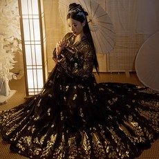 Yili 한푸 Hanfu 요정 골드 블랙 금테 골동품 중국 전통 의상