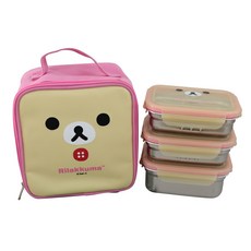 Rilakkuma拉拉熊 3層便當盒+便當袋, 粉色, 1組