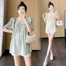 엔티랄라 임산부 세트 여름 반팔 상의 반바지 투피스 프릴 디자인 퍼프 소매 스타일리시한