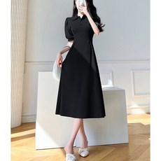 블랙원피스
 BANHANY 리프 슬림 단추 카라 핀턱 코튼 롱 플레어 원피스 2color 22032305