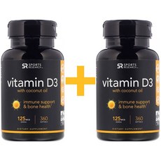 스포츠리서치 비타민D3+코코넛오일 125mcg(5 000IU) 소프트젤 360정 x2개, 2병
