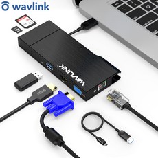 Wavlink 듀얼 디스플레이 2k 미니 도크 USB3.0 허브 HDMI VGA 기가비트 RJ45 어댑터 이더넷 멀티 포트 변환기 SD 카드 리더 Mac OS|컴퓨터 케이블 &, 단일, 1m, 1개
