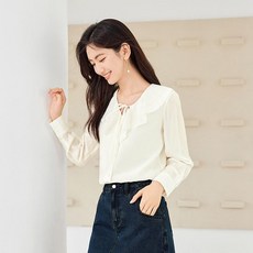 프렌치 탑 여성 가을 신작 넥 러플 루즈 슬리밍 화이트 셔츠