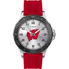 Timex Tribute 남성용 대학 게이머 42mm 시계 - 위스콘신 배저스 레드 실리콘 스트랩 포함 위스콘신 오소리 쿼츠 시계