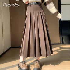 여성치마  나바바 NS320 여성 레트로 A라인 모직 플리츠 스커트 