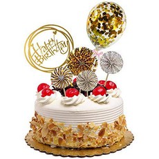 DIYASY Gold Happy Birthday Cake Topper Kit Confetti Balloon Paper Fan, 상세내용참조