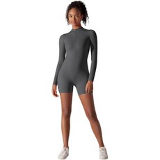 요가 세트 솔리드 컬러 지퍼 오픈 칼라 타이트 엘라스틱 점프수트 피트니스 3점, Onesie - Dark Grey, X-Large, 1개