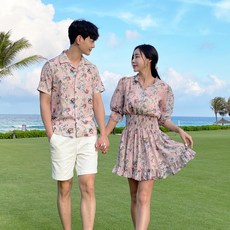  로망드 커플비치웨어 허니문웨어 커플룩, 핑크 (원피스), 핑크 (남자상의) 