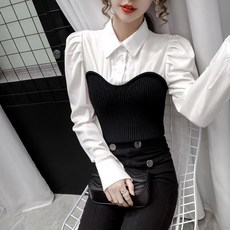 POLO 넥 페이크 겨울 가을 보여 벌룬소매 상의 여성