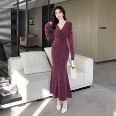 롱 원피스 실크 스트레치 드레스 파티 연말 머메이드 브이넥 모임 슬림, 1개, 보라 M