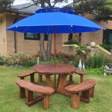 미엔우드 야외용 원형 원목 테이블+파라솔 세트 야외 카페 정원 일체형 월넛색, 원형 분리형 [무도색]