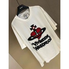 Vivien Westwood SS24 남녀 공용 커플 입체 수건 토성 자수 프린트 라운드 반팔 화이트 2G010006WJ001MA401