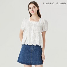 [정품매장] 플라스틱아일랜드 여성 데일리 캐주얼 블라우스 플라워 자수 펀칭 스퀘어넥 퍼프 (PQTWB062)