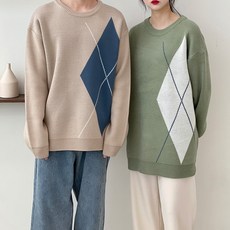 남자 여자 오버핏 배색 아가일 라운드 니트 티셔츠