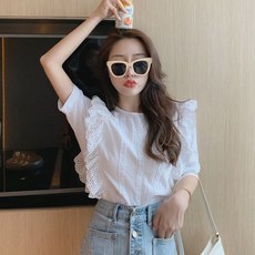 안나리야 화이트 레이스 프릴 코튼 펀칭 아일렛 블라우스 YJ