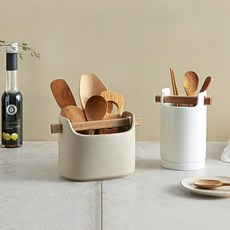 감성 우드핸들 도자기 수저통 2size 2color - 물빠짐 수저꽂이, 화이트 대, 1개