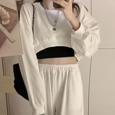 여성용 단색 크롭 스웨트 셔츠 섹시한 루즈 올 매치 배꼽 초가을 캐주얼 하라주쿠 심플 풀오버 미적 의류 Mujer