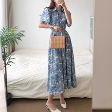 요시아나 [당일발송] 피오르 프린팅 카라넥 퍼프소매 벨티드 롱원피스(벨트세트) 2컬러