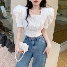 JUSTFEELING 77까지 여성 티셔츠 반팔티 퍼프 크롭 스퀘어넥 블라우스