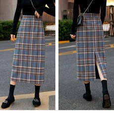체크 H핏 모직 데롱 스커트 블루 블랙 봄 가을 겨울
