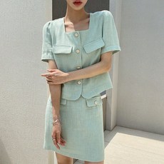 [렛무드] 트위드 린넨 반팔 자켓 스퀘어넥 노칼라 여성 여름 정장 재킷
