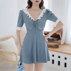 러플 프릴 그린 체형커버 김보연 귀여운 휴가 수영복 날씬해보이는 원피스 비치 키작녀 셔링, 헤이즈 블루