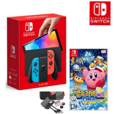 (빠른배송) 닌텐도 스위치 OLED 네온블루+별의커비 WII 디럭스 게임칩+ 9종악세사리