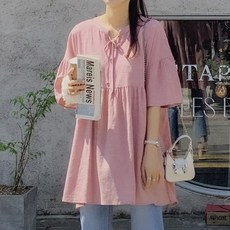 로로텐 헨리넥 셔링 반팔 롱 블라우스 여성 빅사이즈