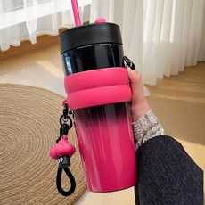 보온병 컵 316 스테인레스 스틸 자동차 컵 대용량 커피 컵 새로운 아이스 컵 밀짚 워터 컵, 그라데이션 장미 분말, 710ml, 1개