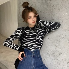 다사자 w1750 스타일리쉬 지브라 퍼프소매 여성 니트 스웨터