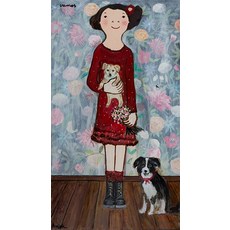 에바알머슨 액자 포스터 인테리어 그림 거실 아이방 꾸미기 강아지와 함께 빨간색으로 새로운 eva armisen 소녀 일러스트 레이터 유화 연구 소파 장식, 라이트 우드 0.7cm 러플 + 01