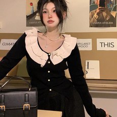 DarjinQD 가을 여성 프릴넥 니트 카디건 슬림 긴팔 상의WA372