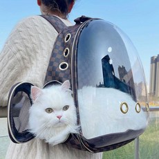 반려동물 외출 캡슐 가방 휴대용 백팩 펫 가방, 1개, 갈색 바둑판-완전 투명