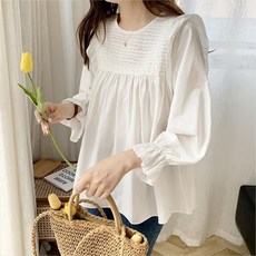 POMTOR 봄 가을 프릴 인형셔츠 임산부 상의 여성 단색 코디 라운드넥 셔링 블라우스